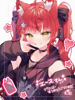 1girl ahoge animal_ear_fluff animal_ears black_choker black_jacket bow choker commentary_request cross cross_necklace green_eyes grin hair_bow hair_ornament hair_ribbon hairclip highres hood hood_down hoodie jacket jewelry komomo_(2899) long_hair long_sleeves looking_at_viewer necklace original red_hair ribbon selfie sensitive shirt sleeveless smile solo twintails upper_body