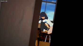 3d animated animated_gif ass black_hair breasts chair clothed_sex dark-skinned_male dark_skin day deep_penetration desk gridman_universe harada4780 huge_ass hugging_object implied_sex koikatsu koikatsu_(medium) muscular muscular_male peeking riding school school_chair school_desk school_uniform sex sitting ssss.gridman stealth_sex takarada_rikka thick_thighs thighs voyeur_pov watching