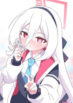 Rule 34 | 1girl, absurdres, bent v, black bow, black hairband, black jacket, blue archive, blue necktie, blush, bow, bright pupils, buttons, closed mouth, collared shirt, commentary, double-parted bangs, hair between eyes, hair bow, hairband, halo, hands up, highres, index finger raised, jacket, kei (blue archive), long bangs, long hair, long hair between eyes, long sleeves, looking at viewer, multicolored jacket, necktie, nose blush, open clothes, open jacket, pink eyes, pink jacket, puffy long sleeves, puffy sleeves, rectangular halo, red halo, reiremi, ringed eyes, shirt, sidelocks, solo, twirling hair, two-sided fabric, two-sided jacket, upper body, v, very long hair, white background, white hair, white jacket, white pupils, white shirt