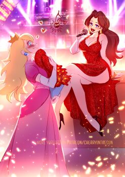 blonde_hair blue_eyes blush breasts brown_hair cherry_in_the_sun commentary crown dress earrings elbow_gloves english_commentary eyeshadow gloves gold_crown gold_earrings hat jewelry long_hair makeup mario_(series) multiple_girls nintendo pauline_(mario) pink_dress pointed_crown princess_peach red_dress red_lips smile sphere_earrings super_mario_bros._1 super_mario_odyssey white_gloves yuri