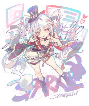 Rule 34 | 1girl, absurdres, black hat, boots, breasts, character name, clothing cutout, cocoballking, commentary, english commentary, facial mark, finger to own chin, full body, gloves, hand up, hat, heart, heart facial mark, highres, honkai: star rail, honkai (series), leaning forward, long hair, looking at viewer, mini hat, mini top hat, official alternate hair color, open mouth, pink eyes, shoulder cutout, single glove, small breasts, smile, solo, sparkle (honkai: star rail), sparxie (honkai: star rail), teeth, top hat, twintails, upper teeth only, white background, white hair