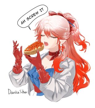 1girl absurdres arknights artist_name blue_dress bread breasts closed_eyes commentary cropped_torso dankashu dress english_text fish_(food) food gloves haruka_(arknights) highres ikura_(food) jacket long_hair long_sleeves medium_breasts open_mouth pointy_ears ponytail red_gloves red_hair simple_background solo speech_bubble suspicious_egg_dish white_background white_jacket