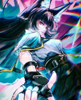 1girl animal_ear_fluff animal_ears black_hair black_necktie black_skirt blunt_bangs breasts closed_mouth fox_ears fox_girl gloves hashtag-only_commentary highres hoshimi_miyabi jacket long_hair looking_at_viewer necktie red_eyes roytheart shirt sidelocks skirt solo white_shirt zenless_zone_zero