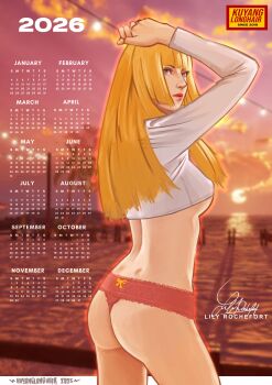 1girl 6+others ass beach blonde_hair blue_eyes breasts calendar_(medium) covered_erect_nipples crop_top emilie_de_rochefort from_behind kynglnghr lips long_hair looking_back medium_breasts multiple_others ocean palm_tree sand sunset tekken thong tree underboob water