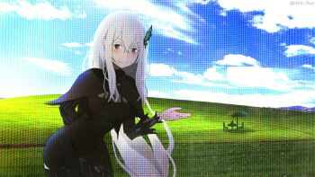1girl absurdres black_capelet black_dress bliss_(image) breasts bug butterfly butterfly_hair_ornament capelet closed_mouth colored_eyelashes commentary dire_illus dress echidna_(re:zero) english_text green_butterfly hair_between_eyes hair_ornament hand_up highres insect leaning_forward long_hair long_sleeves looking_at_viewer microsoft_windows monitor re:zero_kara_hajimeru_isekai_seikatsu small_breasts smile solo striped_clothes striped_dress table vertical-striped_clothes vertical-striped_dress very_long_hair white_eyelashes white_hair windows_xp