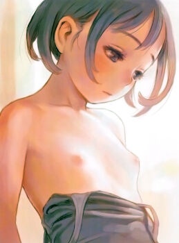 1girl blush breasts brown_eyes brown_hair clothes_pull collarbone expressionless female_focus futuregraph highres lips loli looking_down murata_range nipples one-piece_swimsuit one-piece_swimsuit_pull sad school_swimsuit short_hair small_breasts solo swimsuit tareme topless_female upper_body