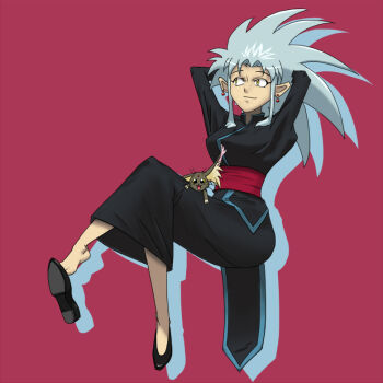 1girl black_dress blue_hair cabbit crossed_legs dress earrings full_body jewelry light_blue_hair long_dress looking_to_the_side painttool_sai_(medium) pairu red_background retro_artstyle ryou-ouki ryouko_(tenchi_muyou!) shin_tenchi_muyou! shoes simple_background spiked_hair tenchi_muyou!