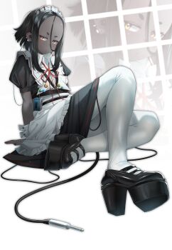 1girl absurdres apron black_hair dark-skinned_female dark_skin expressionless forehead full_body high_heels highres looking_to_the_side maid maid_apron maid_headdress original red_ribbon ribbon short_hair sitting solo thighhighs walking_nakta white_apron white_background white_thighhighs yellow_eyes zoom_layer