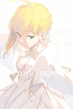 1girl ahoge artoria_pendragon_(fate) bare_shoulders blonde_hair braid breasts character_name commentary_request detached_sleeves dress echo_(circa) fate/grand_order fate_(series) gloves gold_trim green_eyes hair_bun hair_ribbon long_hair looking_at_viewer lord_logres_(fate) lord_logres_(second_ascension)_(fate) medium_breasts ribbon sidelocks smile solo tabard white_dress white_gloves white_ribbon wide_sleeves