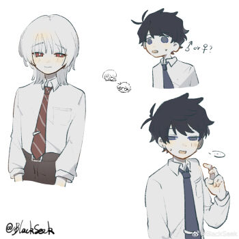 2boys absurdres akinashi_haru blackseek blue_necktie blush chinese_commentary collared_shirt commentary_request diagonal-striped_clothes diagonal-striped_necktie dress_shirt highres mars_symbol multiple_boys multiple_views necktie nervous_smile no_cardigan no_jacket red_eyes red_necktie saihate_eki shirt smile striped_clothes sweat tatsunami_shion upper_body venus_symbol white_shirt