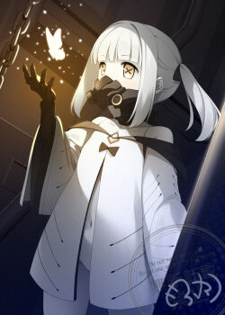 1girl bare_shoulders black_mask black_ribbon blue_archive bug butterfly chain colored_skin commentary dress ein_(blue_archive) extra_pupils hair_ribbon highres insect mask mechanical_hands mofu_namako navel respirator ribbon short_twintails solo symbol-shaped_pupils twintails white_dress white_hair white_skin x-shaped_pupils yellow_eyes