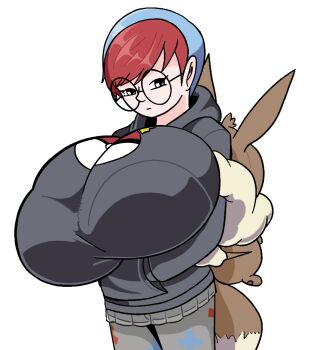 1girl alternate_breast_size_(larger) black_hoodie blue_hair character_backpack eevee_backpack glasses grey_eyes hand_in_pocket hood hoodie long_sleeves maximum_aiden multicolored_hair nintendo non-web_source pantyhose penny_(pokemon) poke_ball_print pokemon pokemon_sv print_pantyhose red_hair round_eyewear short_hair two-tone_hair