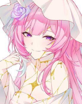 1girl bare_shoulders black_gold_saw breasts cyrene_(honkai:_star_rail) cyrene_(ripples_of_past_reverie)_(honkai:_star_rail) diamond-shaped_pupils diamond_(shape) dress hashtag-only_commentary highres honkai:_star_rail honkai_(series) kkopoli long_hair looking_at_viewer medium_breasts multicolored_hair pink_hair purple_eyes simple_background smile solo symbol-shaped_pupils two-tone_hair upper_body very_long_hair white_background white_dress white_hair