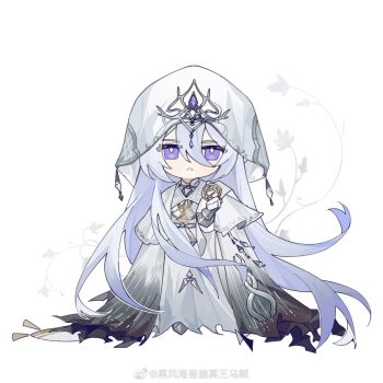 1boy black_cloak cael_anselm cael_anselm_(dreamland_wonder) chibi chibi_only chinese_commentary cloak commentary_request forehead_jewel full_body gem gloves gradient_cloak hair_between_eyes hexagram highres holding hood hood_up hooded_cloak long_hair long_hair_between_eyes long_sleeves looking_at_viewer lovebrush_chronicles male_focus official_alternate_costume parted_lips purple_eyes purple_gem robe simple_background solo standing star_of_david very_long_hair watermark weibo_watermark white_background white_cloak white_gloves white_hair white_robe zelotupia