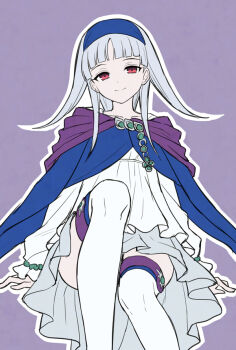 Rule 34 | 1girl, blue cloak, blue hairband, cloak, closed mouth, convenient leg, dress, feet out of frame, gensou suikoden, grey hair, hairband, knee up, long hair, long sleeves, looking at viewer, mauve, outline, puffy long sleeves, puffy sleeves, purple background, red eyes, sierra mikain, simple background, sitting, sleeves past wrists, smile, solo, thighhighs, white dress, white outline, white thighhighs