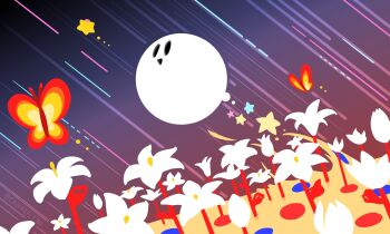 black_eyes bug butterfly crowerfly field flower flower_field highres insect kirby_star_allies kirby_(series) looking_ahead meteor_shower night nintendo no_lineart open_mouth outdoors red_butterfly smile solid_oval_eyes star_(symbol) void_soul void_termina white_flower