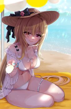 Rule 34 | 1girl, beach, bikini, blonde hair, blush, breasts, cleavage, food, futou ryouko, hat, holding, holding food, holding popsicle, idolmaster, idolmaster cinderella girls, incoming food, kurosaki chitose, looking at viewer, mat, medium breasts, navel, outdoors, parasol, popsicle, red eyes, sitting, smile, solo, straw hat, swimsuit, thigh strap, umbrella, white bikini, yokozuwari