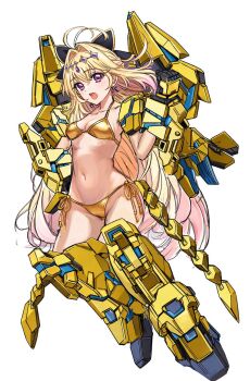 1girl antenna_hair bikini blonde_hair blush breasts commentary_request cure_arcana_shadow diamond_hairband gold_bikini golden_week gundam gundam_narrative hair_intakes highres huo_ji_wu long_hair looking_at_viewer mecha_musume mechanical_legs mechanical_tail mechanical_wings meitantei_precure! moria_luluka open_mouth precure shield shiny_swimsuit solo swimsuit tail unicorn_gundam_phenex very_long_hair wings