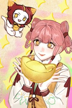 +_+ 1girl ahoge animal blunt_bangs bow bow-shaped_hair bowtie braid braided_hair_rings brown_eyes cat chinese_clothes chinese_commentary chinese_new_year cloak closed_mouth clothed_animal collared_vest colorful_background commentary_request ear_covers fur-trimmed_shirt fur_trim hair_rings hair_tubes happy highres holding hood hood_up hooded_cloak infinity_nikki lipstick long_hair long_sidelocks long_sleeves makeup momo_(nikki) new_bloom_blessings_(infinity_nikki) nikki_(nikki) nikki_(series) object_request official_alternate_costume open_mouth pawpads pink_hair pink_lips puffy_long_sleeves puffy_sleeves red_cloak shirt sidelocks smile sparkle sparkling_eyes teeth traditional_bowtie upper_body upper_teeth_only vest whiskers white_cat white_shirt yellow_bow yellow_bowtie yellow_vest yonghu_zhai_xiaocao