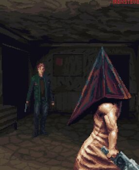 -ironsteve 2boys animated animated_gif apron blonde_hair great_knife green_jacket gun handgun helmet highres jacket james_sunderland konami monster monster_boy multiple_boys muscular muscular_arms muscular_male pistol pixel_art pyramid_head rust silent_hill_(series) silent_hill_2 sword weapon