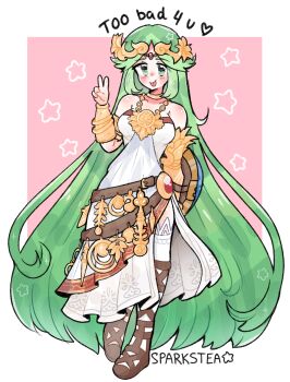 1girl absurdres arm_shield artist_name chain circlet commentary english_commentary full_body gold_chain green_eyes green_hair heart highres jewelry kid_icarus kid_icarus_uprising long_hair looking_at_viewer nintendo palutena pendant single_thighhigh solo sparkstea star_(symbol) thighhighs tongue tongue_out v very_long_hair white_thighhighs