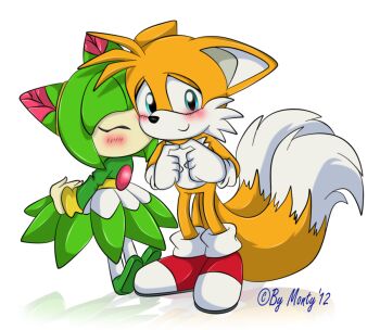 1boy 1girl blush child closed_eyes cosmo_(sonic) cosmo_the_seedrian dress fox fox_boy furry furry_male green_hair hetero kiss looking_down monster_girl montyth multiple_tails plant_girl sega smile sonic_(series) sonic_x tail tails_(sonic) tms_entertainment two_tails