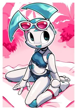 1girl absurdres ankle_ribbon aqua_hair bare_arms bare_legs barefoot bikini black_eyes blue_bikini bush colored_skin colored_tongue eyewear_on_head flat_chest frilled_bikini frills gato_del_futuro halftone highres jenny_wakeman joints leg_ribbon looking_at_viewer midriff my_life_as_a_teenage_robot open_mouth palm_tree pink-tinted_eyewear pink_background red_ribbon ribbon robot_girl robot_joints sideways_glance sitting smile solo sunglasses swimsuit tinted_eyewear towel tree twintails wariza white_skin