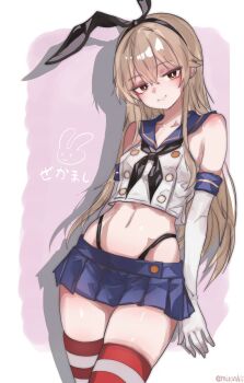 1girl bare_shoulders black_panties blonde_hair blue_skirt bright_pupils character_name collarbone commentary_request cowboy_shot drop_shadow elbow_gloves gloves hairband highleg highleg_panties highres kantai_collection long_hair looking_at_viewer midriff miron_(mirona33) navel neckerchief panties sailor_collar shimakaze_(kancolle) signature skirt solo striped_clothes striped_thighhighs thighhighs twitter_username two-tone_background underwear white_gloves white_pupils