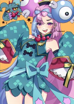 1girl :d bare_shoulders blue_hair blush bow-shaped_hair breasts character_hair_ornament commentary_request detached_sleeves dress ear_piercing flutter_mane hair_ornament hat highres iono_(fall_2024)_(pokemon) iono_(pokemon) jiangshi_costume long_hair long_sleeves looking_at_viewer medium_breasts multicolored_hair nintendo official_alternate_costume open_mouth piercing pink_eyes pink_hair pokemon pokemon_(creature) pokemon_masters_ex popo_(popopuri) sharp_teeth sleeves_past_fingers sleeves_past_wrists smile star_(symbol) teeth two-tone_hair upper_teeth_only very_long_hair watermark yellow_background