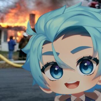 1boy aldoxito blue_eyes blue_hair chibi disaster_girl_(meme) fire firemen house indie_virtual_youtuber male male_focus manipulation meme outdoors smile