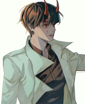 1boy bags_under_eyes black_hair black_shirt blood blood_from_forehead blood_from_mouth blood_on_face coat collared_shirt commentary english_commentary highres kim_dokja looking_to_the_side male_focus nadardoh official_alternate_costume omniscient_reader&#039;s_viewpoint open_clothes open_coat outstretched_arm popped_collar red_eyes shirt short_hair solo white_coat