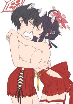 2girls absurdres ahoge animal_ears armpits asymmetrical_docking back_bow bare_shoulders black_hair blue_archive blush bow breast_press breasts closed_eyes extra_ears groin hair_bun halo highres hug kaede_(blue_archive) kiss large_breasts long_hair multiple_girls namaniku_(user_nxxf7457) oppai_loli raccoon_ears red_bow red_halo red_skirt short_hair sideboob sidelocks skirt thighhighs thighs topless_female tsubaki_(blue_archive) white_thighhighs yuri