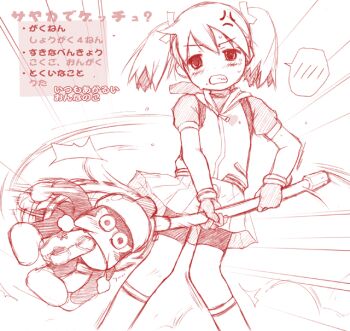 1girl angry backpack bag bike_shorts bike_shorts_under_skirt blush bow bow_panties butterfly_net clenched_teeth female_focus gloves hair_ribbon hand_net jacket kneehighs monkey monochrome mouth_hold net panties randoseru red_theme ribbon saru_getchu sayaka_(saru_getchu) short_hair short_twintails shorts shorts_under_skirt sketch skirt socks solo sweat teeth translation_request twintails ujiie_moku underwear zipper