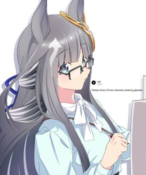 1girl animal_ears bespectacled blue_eyes blunt_bangs blush breasts casual chrono_genesis_(casual)_(umamusume) chrono_genesis_(umamusume) commentary_request english_text glasses grey_hair hair_between_eyes hair_ornament holding holding_newspaper horse_ears long_hair looking_at_viewer newspaper pen small_breasts solo umamusume white_background yangmal_(uma_red_sheep)