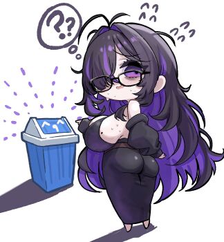 1girl ? ?? ass breasts commentary_request glasses goddess_of_victory:_nikke highres korean_commentary label_(nikke) long_hair looking_at_viewer purple_eyes purple_hair simple_background solo trash_can zakuroten