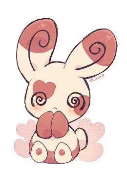 :&lt; @_@ absurdres animal_ears blush gen_3_pokemon heart highres looking_at_viewer nintendo no_humans pokemon pokemon_(creature) shirasuame_shiromaru simple_background sitting solo spinda