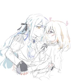 2girls bang_dream! bang_dream!_it's_mygo!!!!! black_gloves blonde_hair blue_hair capelet chiori000 gloves heart highres jacket long_hair medium_hair misumi_uika multiple_girls simple_background togawa_sakiko white_background yellow_eyes yuri