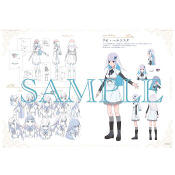 1girl absurdres ankle_boots artist_request black_boots black_bow black_bowtie black_sleeves blue_hair blunt_bangs blunt_ends blurry_text boots border bow bowtie breasts character_name colored_inner_hair copyright_notice corset dress frilled_dress frills grey_socks hair_ornament highres kneehighs layered_sleeves lize_helesta long_hair long_sleeves multicolored_hair multiple_expressions multiple_views nijisanji official_alternate_costume official_art ornate_border page_number page_of_lambda production_art purple_eyes reference_sheet sample_watermark short_dress short_over_long_sleeves short_sleeves sidelocks small_breasts socks standing translation_request turnaround two-page_spread two-tone_hair underbust very_long_hair virtual_youtuber watermark white_background white_corset white_dress white_hair