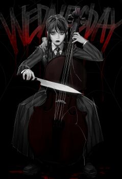 1girl absurdres the_addams_family boots braid broken_string cello character_name collared_shirt disembodied_hand expressionless hand_on_another&#039;s_shoulder hands_up highres holding holding_instrument holding_knife instrument knife lips lipstick long_sleeves looking_at_viewer makeup monochrome nail_polish necktie shirt silk sitting spider_web spot_color straight-on striped_clothes twin_braids wednesday_(netflix) wednesday_addams x_(comira)