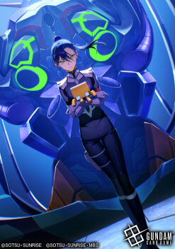 1girl black_bodysuit black_hair bodysuit cable commentary_request company_name conch_(gundam) copyright_logo copyright_notice crossed_arms full_body gfred gundam gundam_card_game gundam_gquuuuuux hangar holding holster logo looking_at_viewer mecha mecha_pilot_suit mobile_suit namahamu913 no_headwear non-humanoid_robot normal_suit_(gundam) nyaan_(gundam_gquuuuuux) official_art ponytail robot scene_reference science_fiction walker_(robot) yellow_eyes zeon