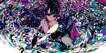 1girl abstract bare_shoulders black_eyes black_hair commentary_request expressionless highres looking_at_viewer mosaic_pattern n79oqc3yja6jlof original parted_lips solo