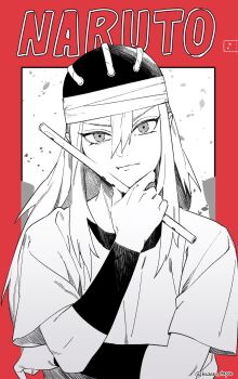 Rule 34 | 1girl, border, commentary, copyright name, english commentary, flute, hair between eyes, hand on own chin, helmet, highres, holding, holding flute, holding instrument, instrument, kazari tayu, long hair, looking at viewer, monochrome, musical note, naruto (classic), naruto (series), red border, shirt, short sleeves, tayuya (naruto), twitter username, undershirt, upper body, white background