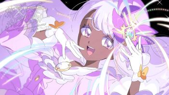 1girl ascot dark-skinned_female dark_skin dress fascinator frilled_ascot frills glove_bow gloves glowing gold_ring hair_ornament jacinthe_(pokemon) juliet_sleeves long_hair long_sleeves looking_at_viewer mega_stone nintendo open_mouth pokemon pokemon_legends:_z-a puffy_sleeves purple_dress purple_eyes purple_hair serizawa_serizane smile solo teeth upper_body upper_teeth_only very_dark_skin white_gloves