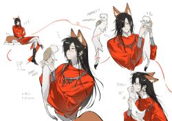 Rule 34 | 1boy, animal, animal ear fluff, animal ears, animalization, bandaged neck, bandages, black footwear, black hair, blush, boots, bracer, chinese clothes, crossed arms, earrings, ermine, eyepatch, fox ears, fox tail, full body, grey eyes, hanfu, hat, heart, highres, holding, holding animal, hua cheng, jewelry, kiss, long hair, long sleeves, male focus, multiple views, necklace, notice lines, pale skin, pants, qingyun, red hanfu, rice hat, sleeping, smile, string, string of fate, tail, tianguan cifu, twitter username, upper body, weasel, white background, white pants, xie lian