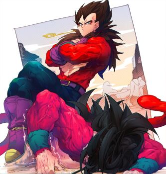 Rule 34 | black hair, blue eyes, closed mouth, dougi, dragon ball, dragon ball gt, gloves, long hair, male focus, monkey boy, monkey tail, multiple boys, muscular, muscular male, ommmyoh, pants, red fur, saiyan, son goku, spiked hair, super saiyan, super saiyan 4, tail, twitter username, vegeta, yellow pants