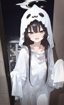1girl absurdres alternate_costume black_hair blue_archive blush breasts covered_groin ghost_costume grey_eyes grey_halo hair_between_eyes halo highres hood hood_up kisaki_(blue_archive) long_hair looking_at_viewer open_mouth robe sidelocks sleeves_past_fingers sleeves_past_wrists small_breasts solo toi1et_paper white_robe