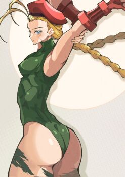 1girl absurdres arms_up artist_request ass beret blonde_hair blue_eyes braid breasts cammy_white curvy expressionless floating_hair gloves green_leotard hat highleg highleg_leotard highres huge_ass leotard lips long_hair looking_at_viewer looking_back parted_lips red_gloves red_hat revealing_clothes shiny_skin skindentation solo standing street_fighter stretching twin_braids white_background wide_hips