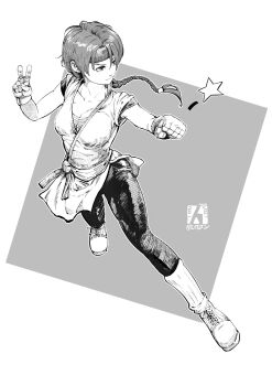 1girl braid braided_ponytail breasts dougi female_focus hairband hands_up hindy_r_ibrahim hindyribrahim huge_breasts karate_gi large_breasts leggings long_hair pants shirt shoes skirt socks star_(symbol) the_king_of_fighters thighs yuri_sakazaki