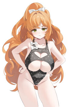 1girl absurdres alternate_costume alternate_hairstyle black_one-piece_swimsuit bow bowtie breasts cleavage_cutout clothing_cutout covered_navel gogoco green_eyes hands_on_own_hips heart_cutout high_ponytail highres ishmael_(project_moon) large_breasts light_frown limbus_company long_hair looking_at_viewer one-piece_swimsuit orange_hair polka_dot polka_dot_one-piece_swimsuit polka_dot_swimsuit ponytail project_moon simple_background solo swimsuit underboob white_background white_bow white_bowtie