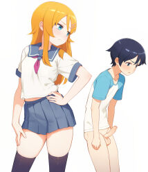 1boy 1futa black_thighhighs blonde_hair blue_eyes blue_skirt bottomless brother_and_sister closed_mouth erection foreskin futanari hand_on_own_hip highres kousaka_kirino kousaka_kyousuke long_hair looking_at_another neckerchief ore_no_imouto_ga_konna_ni_kawaii_wake_ga_nai penis phimosis pleated_skirt red_neckerchief school_uniform serafuku shirt short_sleeves siblings simple_background skirt testicles thighhighs uncensored white_background white_shirt zoryc